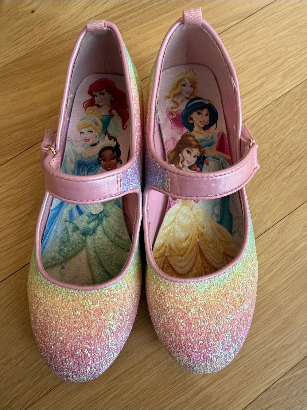 Disney Girls Iridescent Rainbow Glitter Mary Janes - Pink Trim